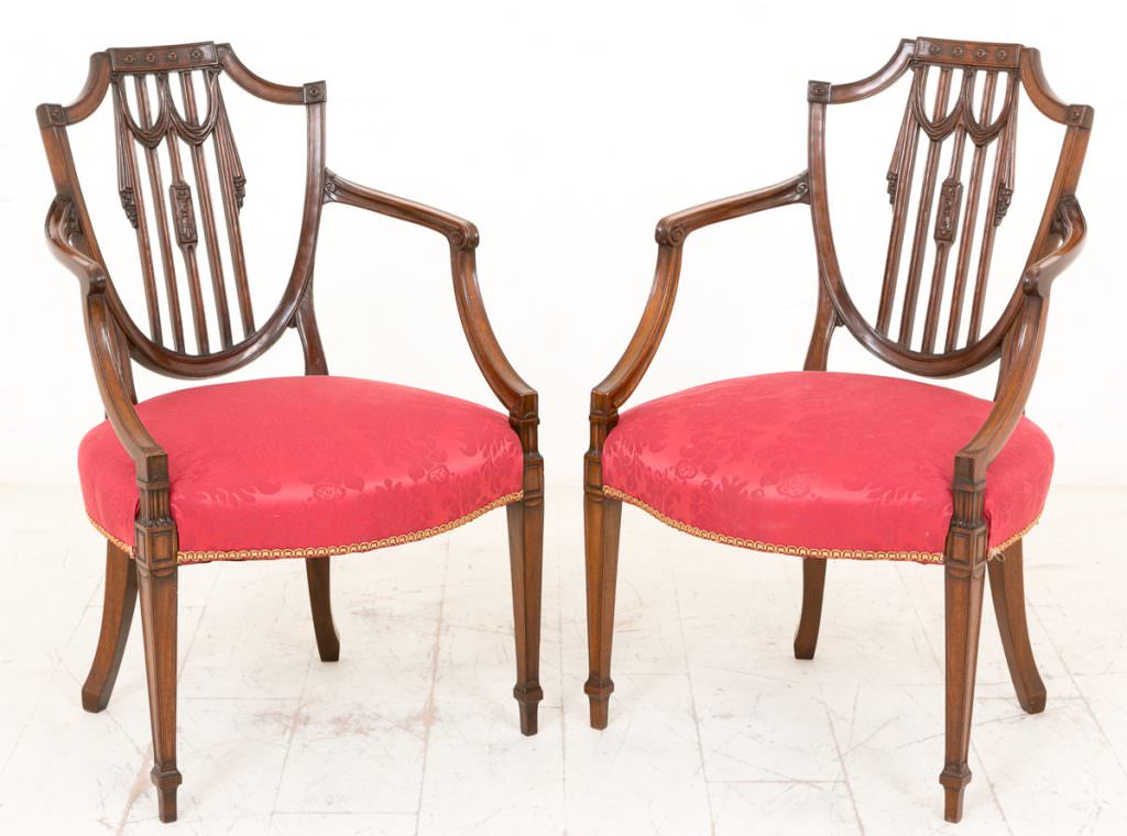 Pair of Mahogany Hepplewhite Style Open Arm Chairs