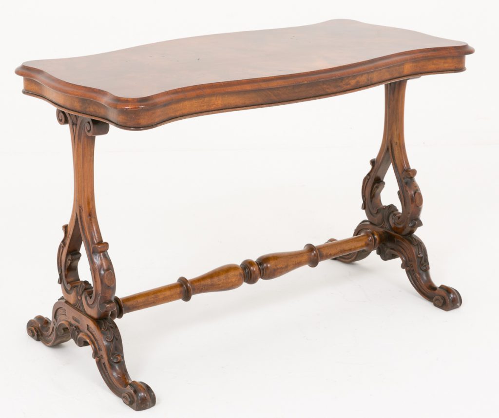 Victorian Burr Walnut Shaped Stretcher table.