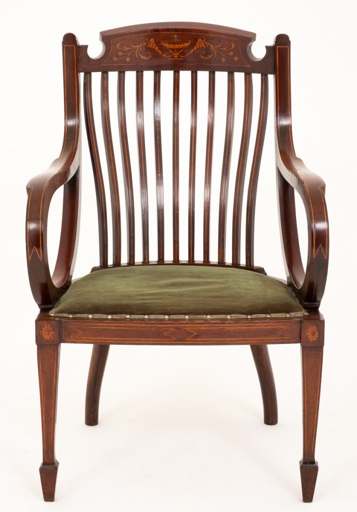 Sheraton Revival Mahogany Inlaid Elbow Chair