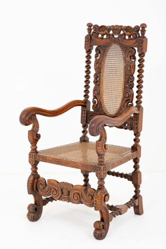 Very Interesting Carved Oak Carolean Style Arm Chair