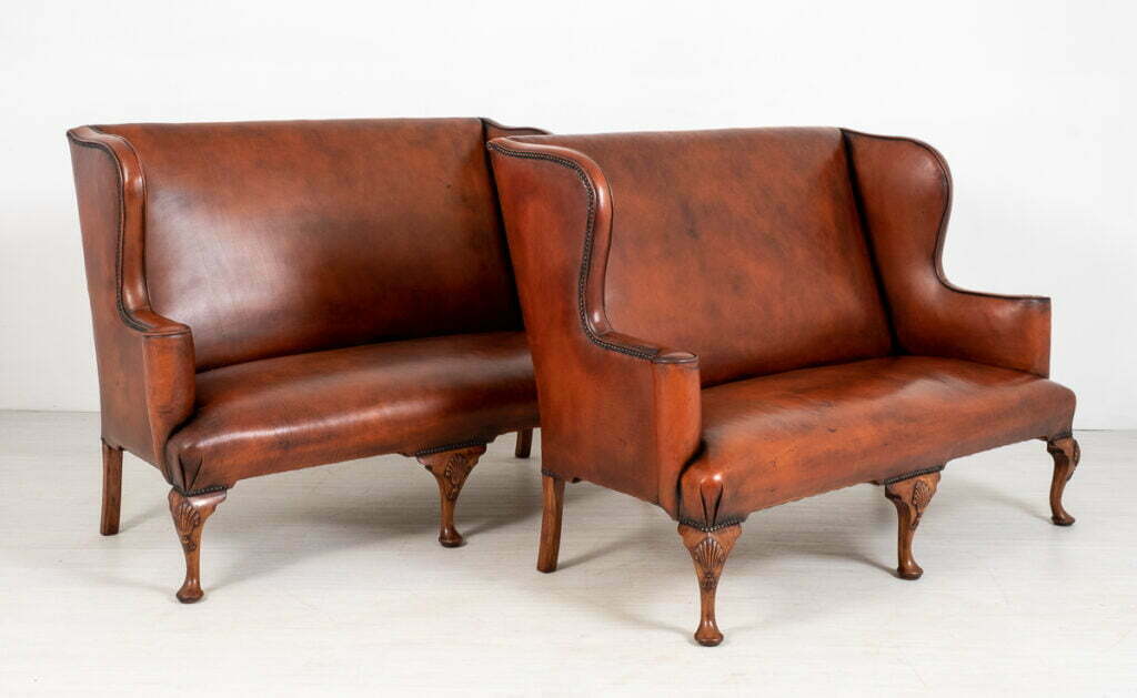 Good Pair of Leather Queen Anne Style Settees