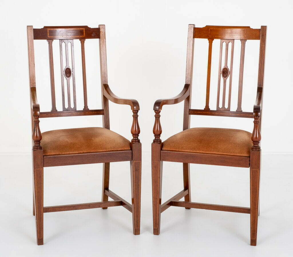 Nice Pair of Mahogany Sheraton Revival Open Arm Chairs