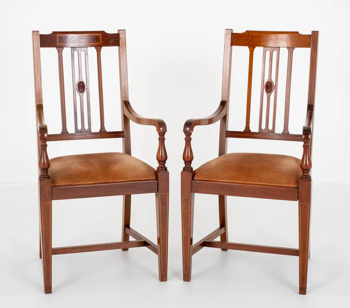Nice Pair of Mahogany Sheraton Revival Open Arm Chairs