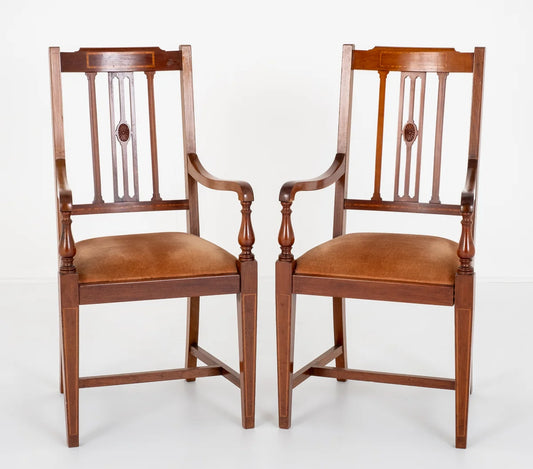 Nice Pair of Mahogany Sheraton Revival Open Arm Chairs