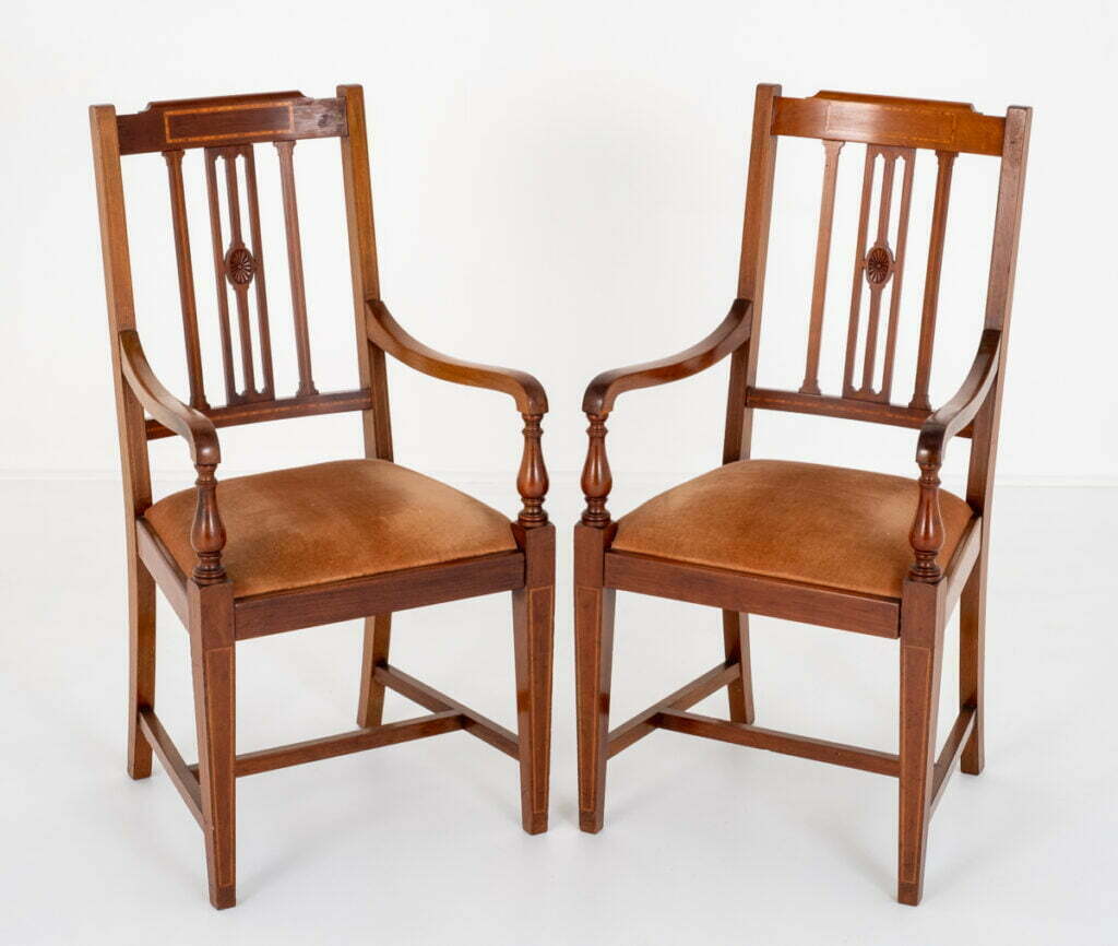 Nice Pair of Mahogany Sheraton Revival Open Arm Chairs