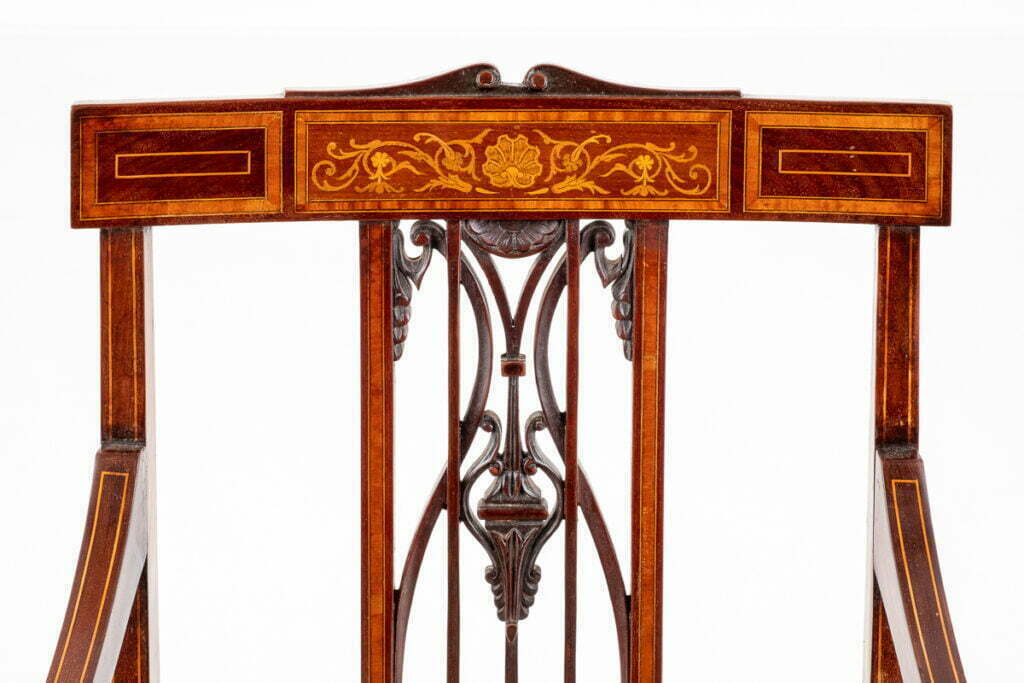 Mahogany Inlaid Sheraton Revival Open Arm Chair