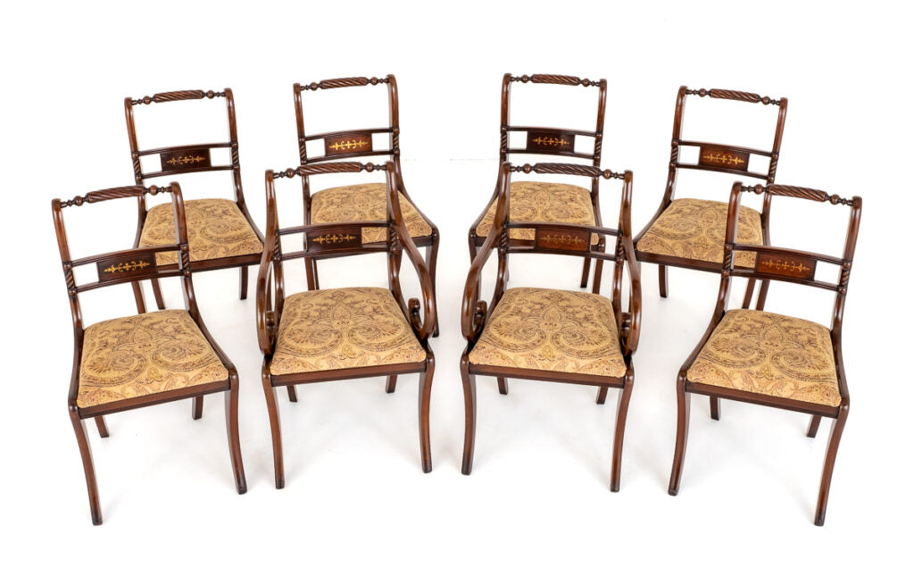 Set of 8 (6 + 2) Regency Revival Mahogany Brass Inlaid Chairs