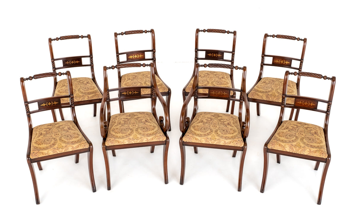Set of 8 (6 + 2) Regency Revival Mahogany Brass Inlaid Chairs