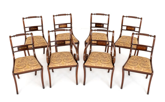 Set of 8 (6 + 2) Regency Revival Mahogany Brass Inlaid Chairs