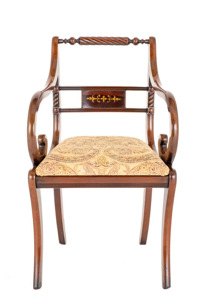 Set of 8 (6 + 2) Regency Revival Mahogany Brass Inlaid Chairs