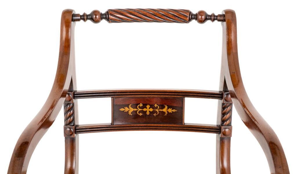 Set of 8 (6 + 2) Regency Revival Mahogany Brass Inlaid Chairs