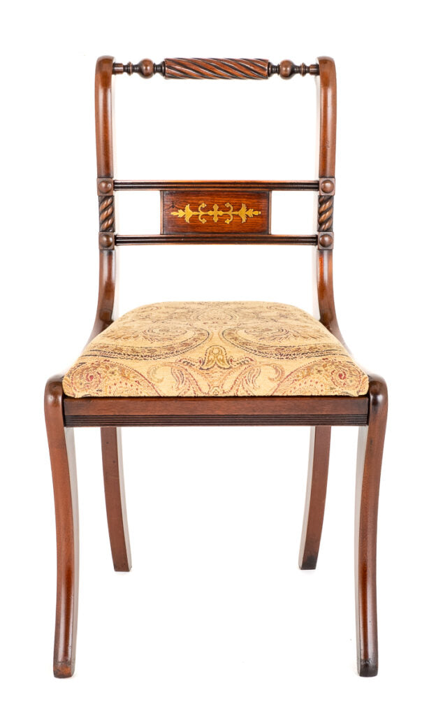 Set of 8 (6 + 2) Regency Revival Mahogany Brass Inlaid Chairs