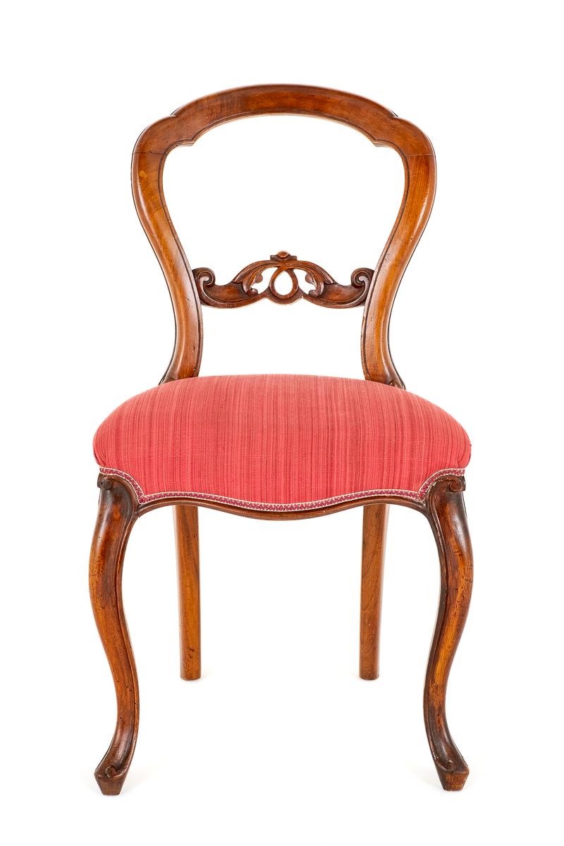 Set of 6 Walnut Victorian Cabriole Leg Dining Chairs - Red