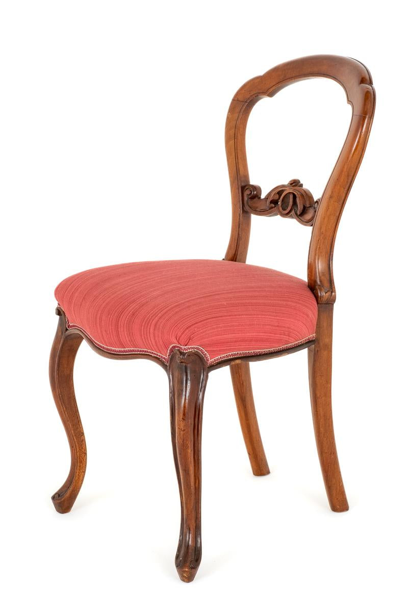 Set of 6 Walnut Victorian Cabriole Leg Dining Chairs - Red
