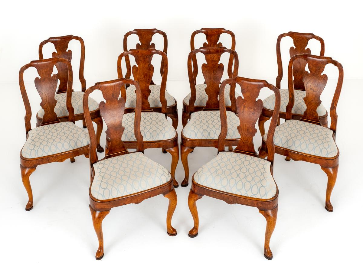 Set of 10 Queen Anne Style Elm Dining Chairs