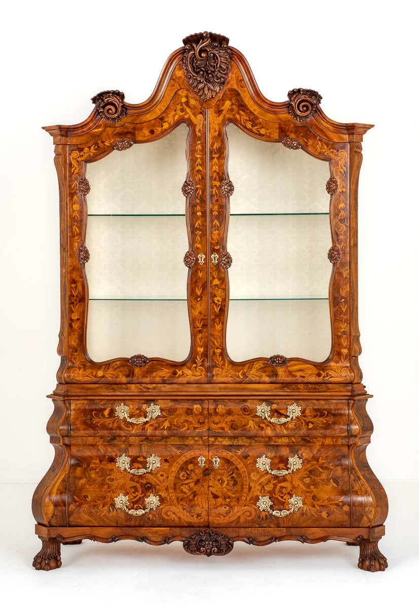 Superb Dutch Bombe Marquetry Display Cabinet