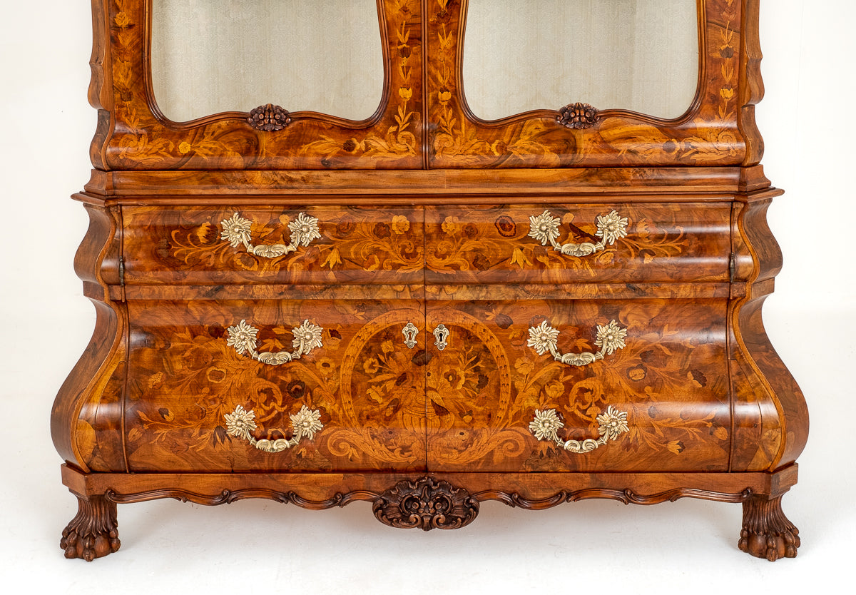 Superb Dutch Bombe Marquetry Display Cabinet