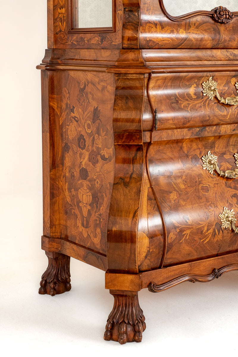 Superb Dutch Bombe Marquetry Display Cabinet