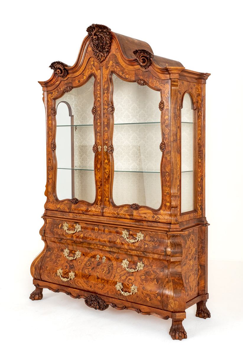 Superb Dutch Bombe Marquetry Display Cabinet