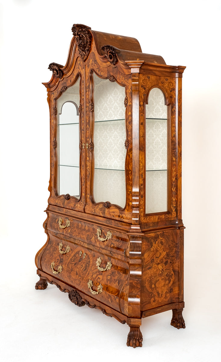 Superb Dutch Bombe Marquetry Display Cabinet