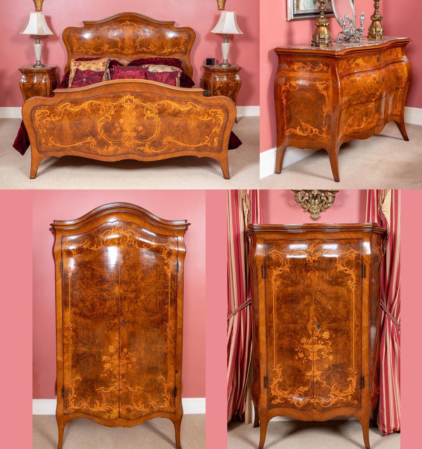 Amazing 6 Piece French Burr Walnut and Marquetry Bedroom Suite