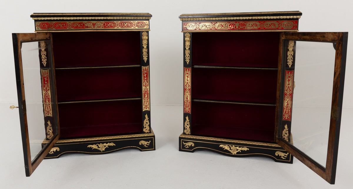 Wonderful Pair of French Ebonised and Boulle Pier Cabinets