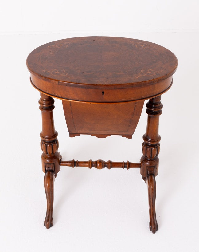 Victorian Burr Walnut Sewing Table Swept Legs