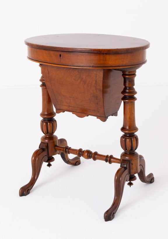 Victorian Burr Walnut Sewing Table Swept Legs