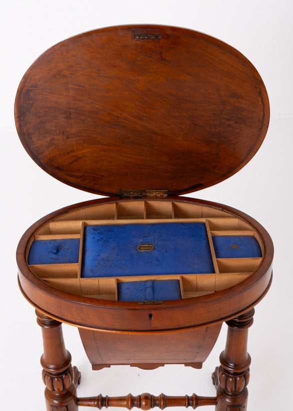 Victorian Burr Walnut Sewing Table Swept Legs