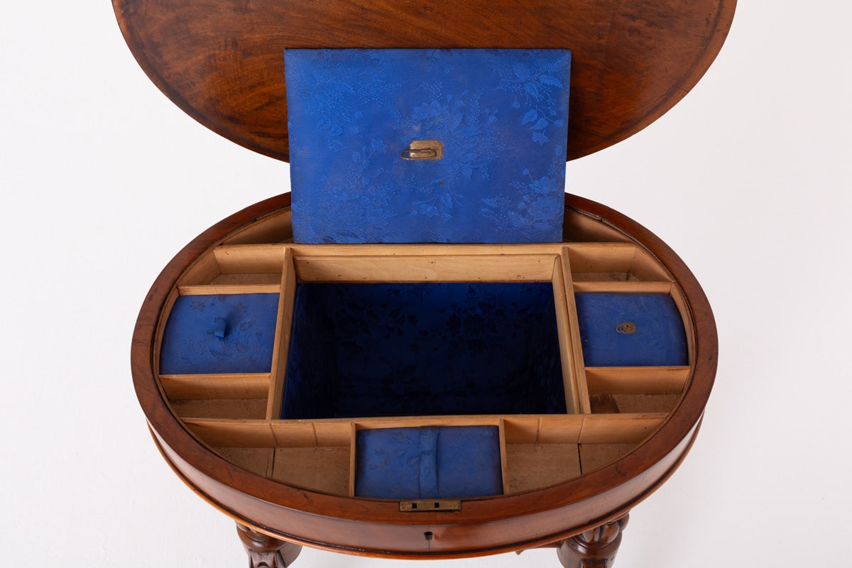 Victorian Burr Walnut Sewing Table Swept Legs