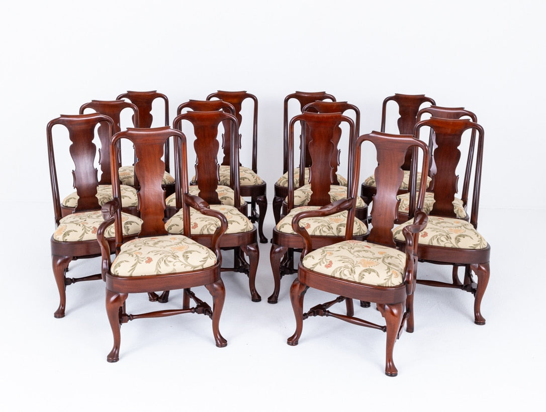 Set of 14 (12 + 2) Mahogany Queen Anne Style Dining Chairs