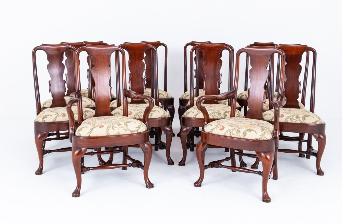 Set of 14 (12 + 2) Mahogany Queen Anne Style Dining Chairs