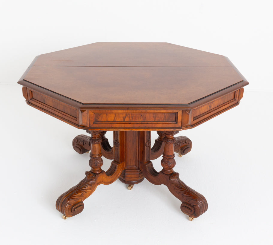 Amazing French Burr Oak and Walnut Extending Dining Table.