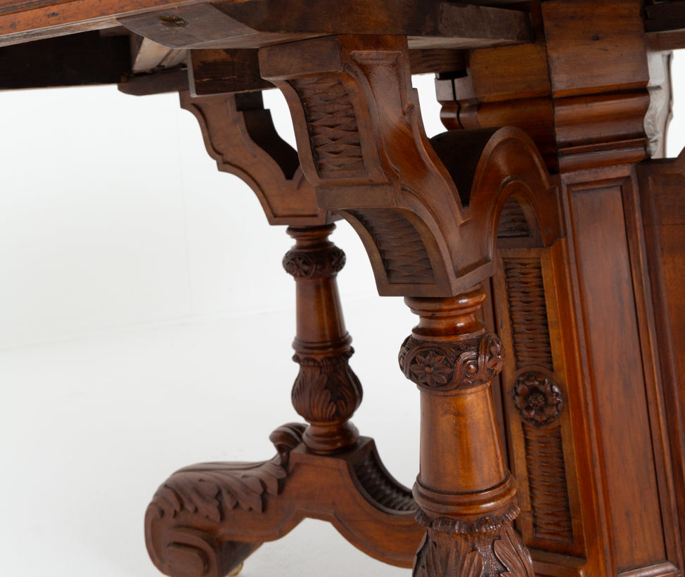 Amazing French Burr Oak and Walnut Extending Dining Table.