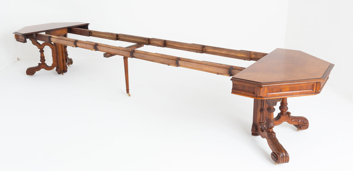 Amazing French Burr Oak and Walnut Extending Dining Table.