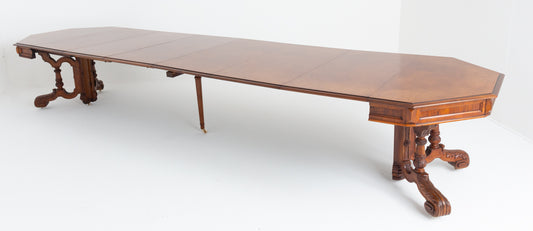 Amazing French Burr Oak and Walnut Extending Dining Table.