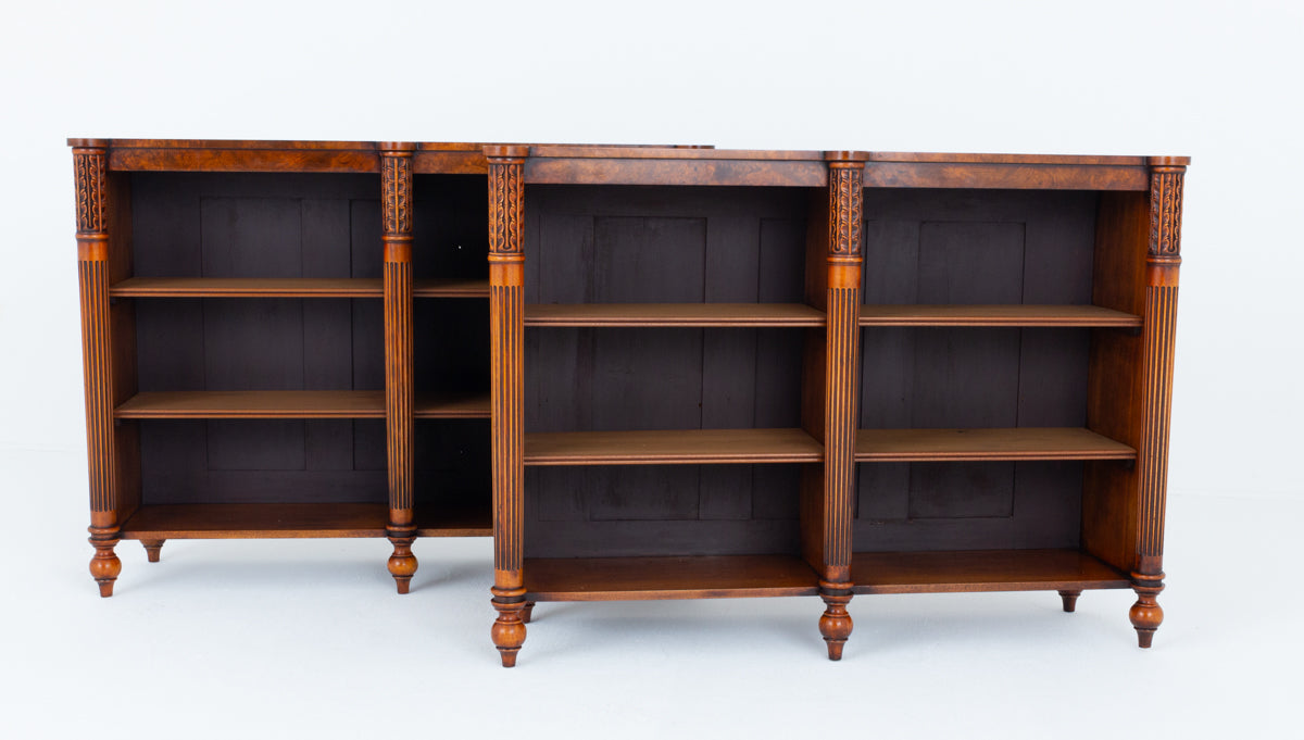 Wonderful Pair of Regency Style Burr Walnut Open Bookcases.