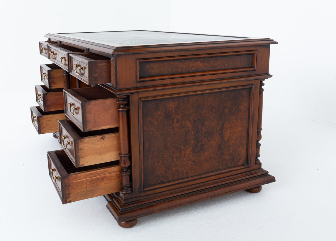 French Burr Walnut Pedestal Desk