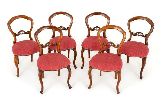 Set of 6 Walnut Victorian Cabriole Leg Dining Chairs - Red