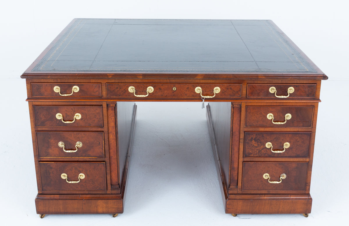 Impressive Georgian Style Burr Walnut 18 Drawer Partners Desk