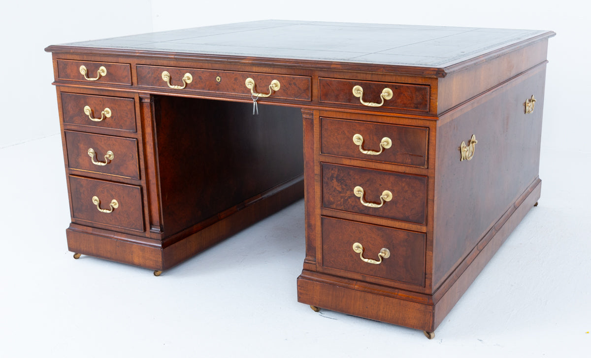 Impressive Georgian Style Burr Walnut 18 Drawer Partners Desk