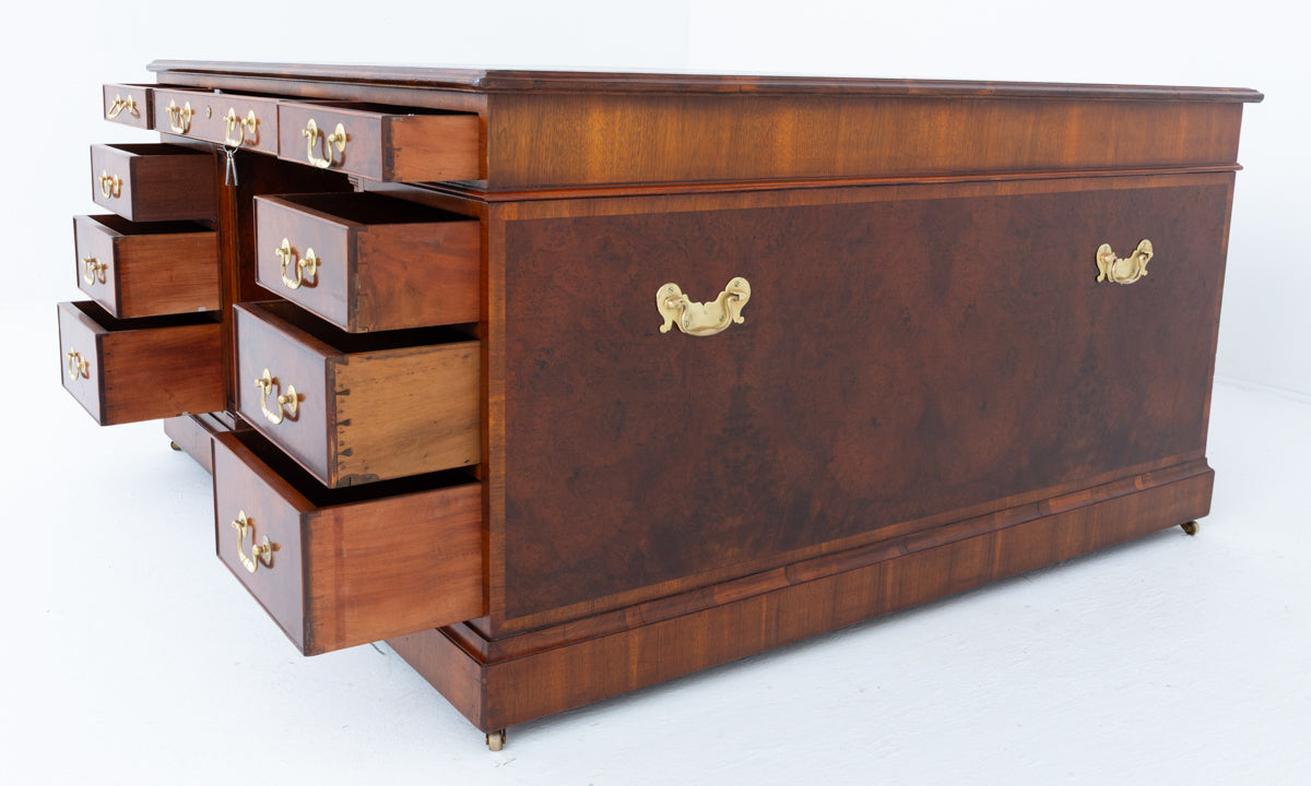 Impressive Georgian Style Burr Walnut 18 Drawer Partners Desk