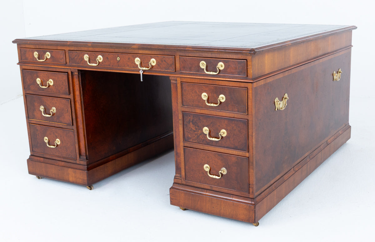 Impressive Georgian Style Burr Walnut 18 Drawer Partners Desk
