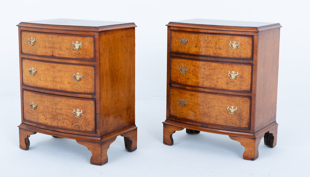 Pair of Burr Walnut Bow Bedside Chests