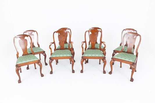 Set of 8 ( 6 + 2 ) Burr Walnut Queen Anne Style Dining Chairs.