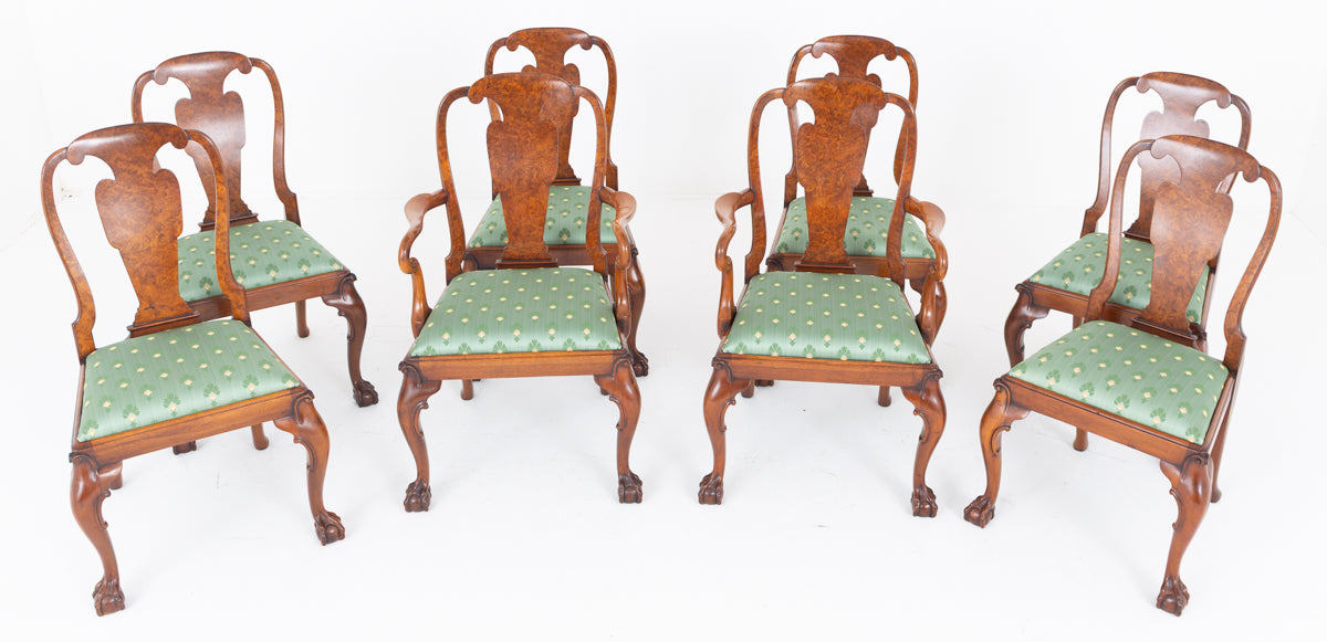 Set of 8 ( 6 + 2 ) Burr Walnut Queen Anne Style Dining Chairs.