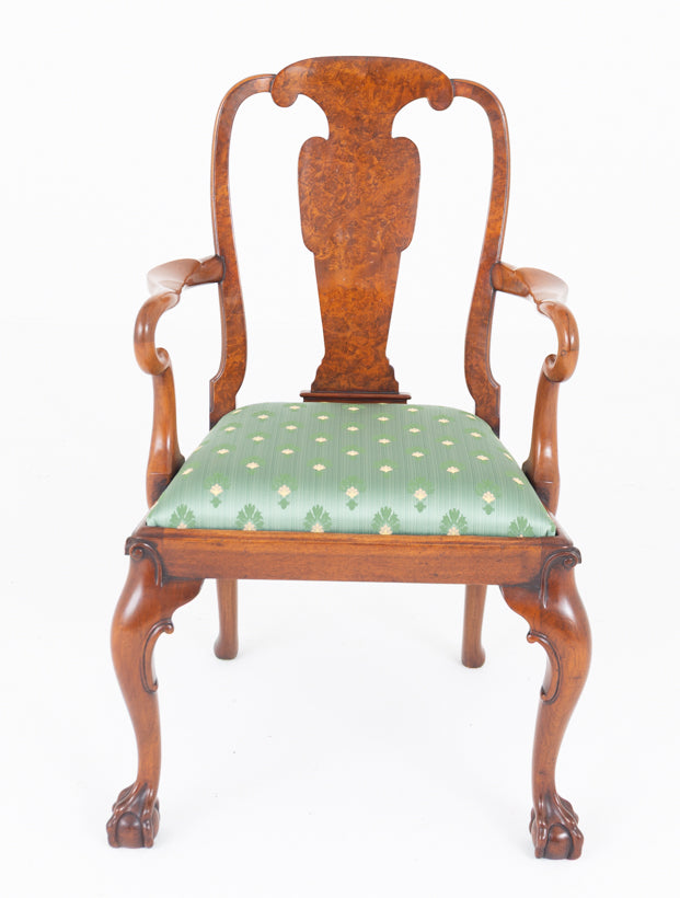 Set of 8 ( 6 + 2 ) Burr Walnut Queen Anne Style Dining Chairs.