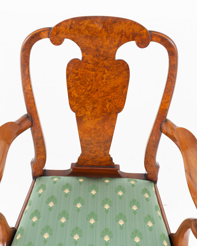 Set of 8 ( 6 + 2 ) Burr Walnut Queen Anne Style Dining Chairs.