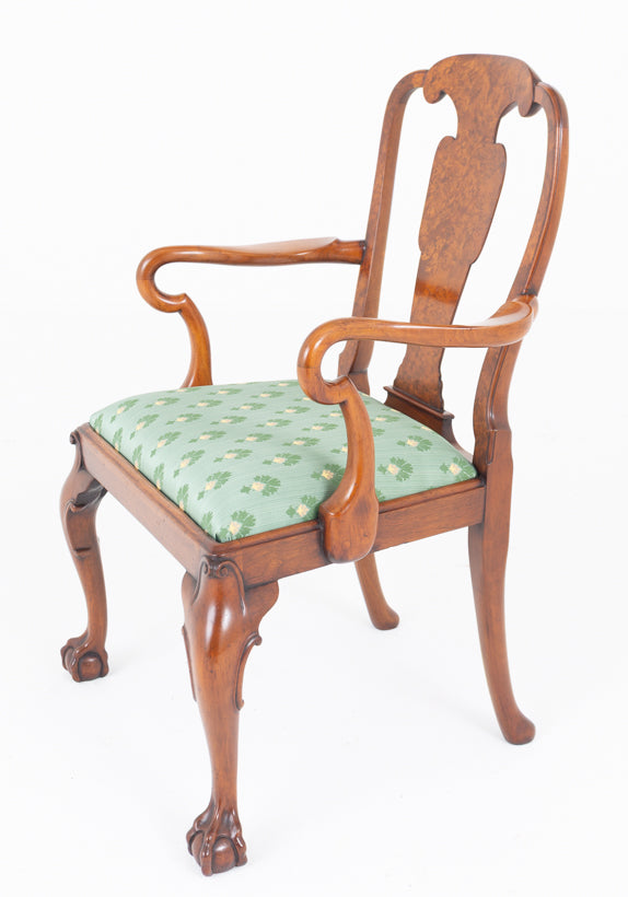 Set of 8 ( 6 + 2 ) Burr Walnut Queen Anne Style Dining Chairs.