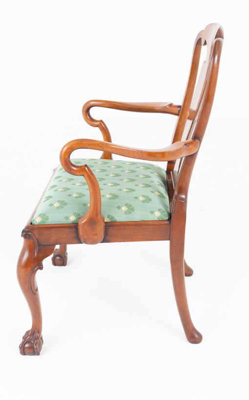 Set of 8 ( 6 + 2 ) Burr Walnut Queen Anne Style Dining Chairs.
